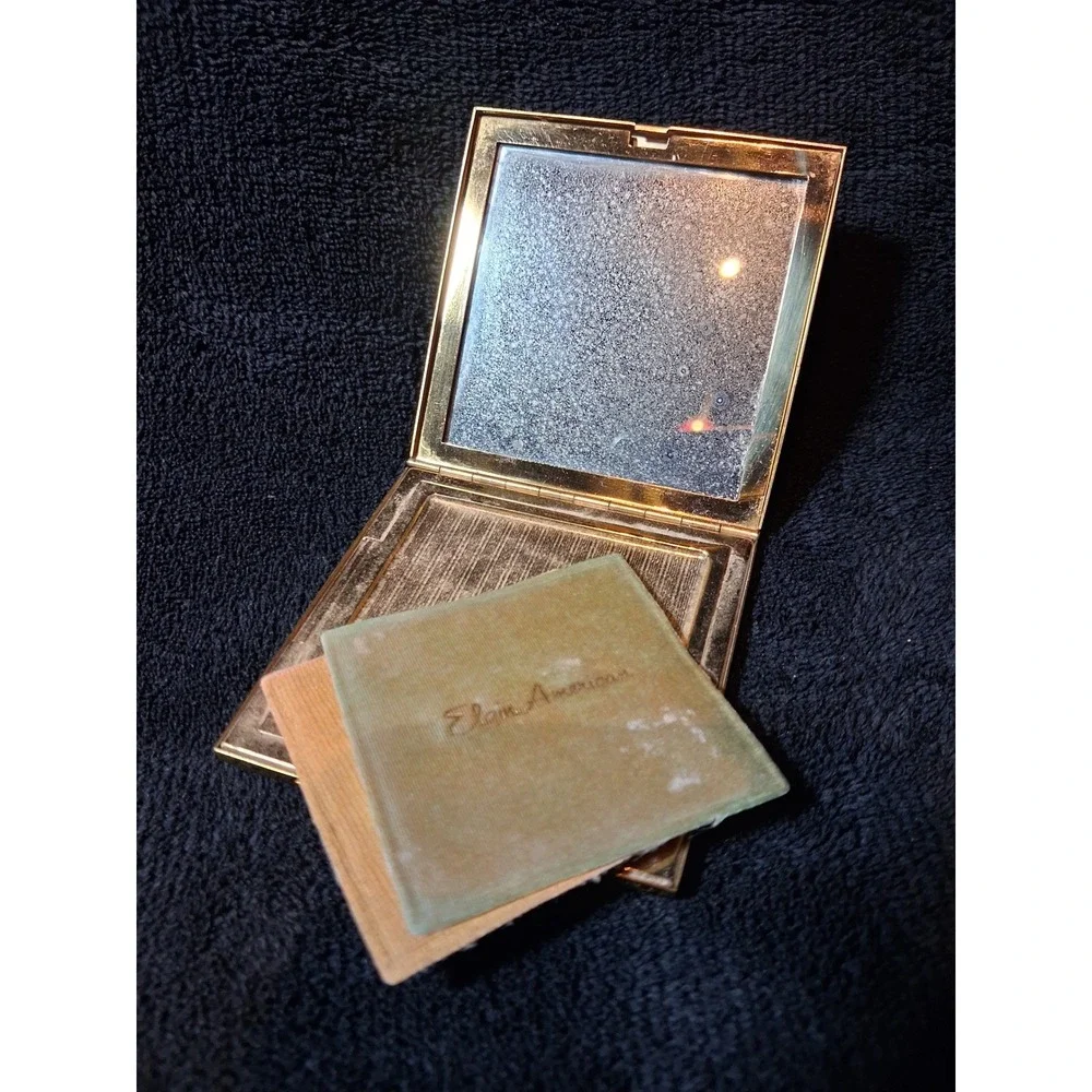 Vintage Elgin American Gold Tone Floral Etched Square Makeup Compact Mirror